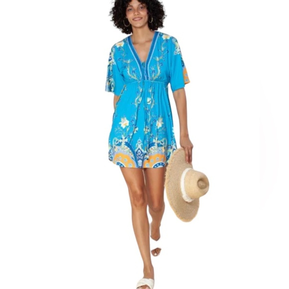 HALE BOB SLEEVELESS BEACH VNECK LACEUP TASSEL TIES CINCH SIDES BLUE PRINT DRESS